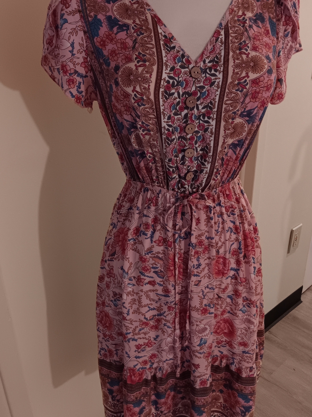 Boho Peasant Style Floral Pink V-Neck Midi Dress